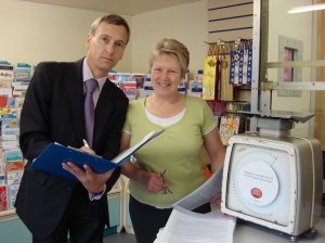 David with Susan Stott Sub-Postmistress at Limefield Post Office